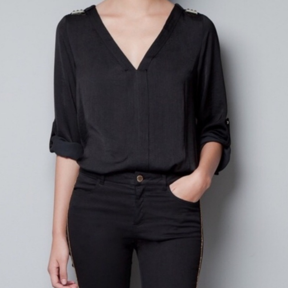 Zara Black V-Neck Blouse Studded Detail